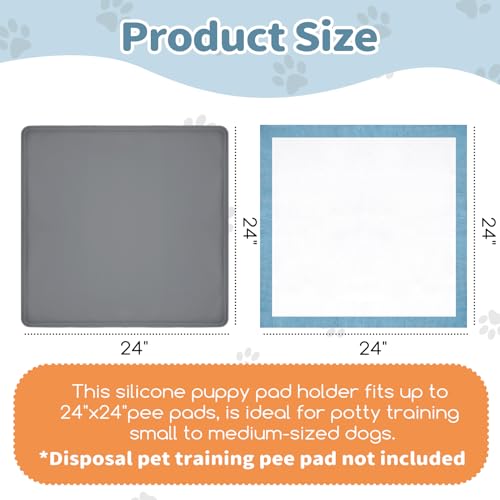 Pee Pad Holder for Dogs 24" x 24", Silicone Potty Tray with 4 Holder Clamps, High Edge No-Spill Dog Training Mat, Non-Slip Puppy Pad Tray Floor Protection for Indoor Use - Gray - size: 24"L x 24"W