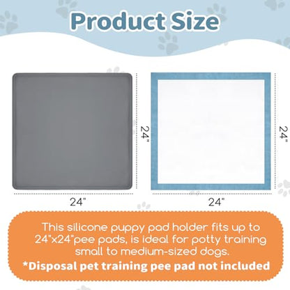 Pee Pad Holder for Dogs 24" x 24", Silicone Potty Tray with 4 Holder Clamps, High Edge No-Spill Dog Training Mat, Non-Slip Puppy Pad Tray Floor Protection for Indoor Use - Gray - size: 24"L x 24"W