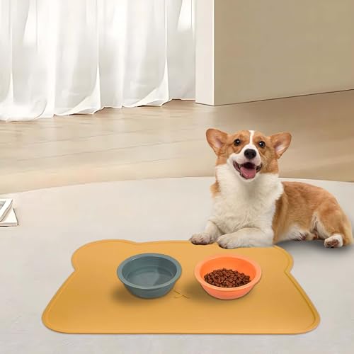 Silicone Waterproof Dog Cat Pet Feeding Mats,Anti Slip Pet Bowl Mats, BPA Free Silicone Pete Feeding Mat Bear Pattern 16In x 12In(Yellow) - color: yellow