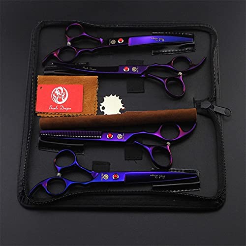 Purple Dragon Professional 7.0 inch 4PCS Pet Grooming Scissors Kit Japan Premium Steel Straight & Curved & Thinning Blade Dog Hair Cutting Shears Set with Case - color: Electroplating Purple