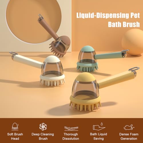 Pet Bath Brush, Dog Grooming Massage Brush with Shampoo Dispenser Adjustable Massage Scrubber for Dogs & Cats Hair - color: Yellow