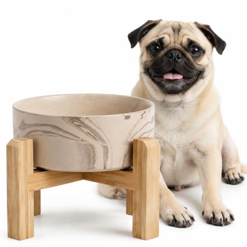 hjn Elevated Ceramic Dog Bowl with Bamboo Stand, Raised Pet Feeding Station for Small Medium Dogs Cats, Modern Design with Anti-Slip Base (Marble Brown, 3.6Cup) - color: Marble Brown, size: 3.6Cup