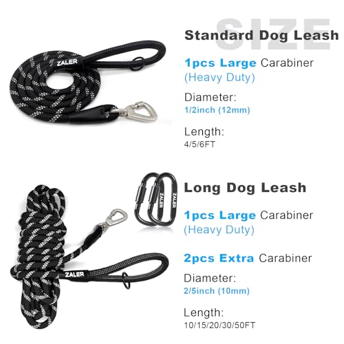 ZALER Rope Dog Leash, 4/5/6/10/15/20/30/50 Foot Reflective Dog Leashes with Carabiner, Heavy Duty Pet Lead for Large and Medium Dogs (6FT, Black) - color: Black, size: 6FT*1/2"
