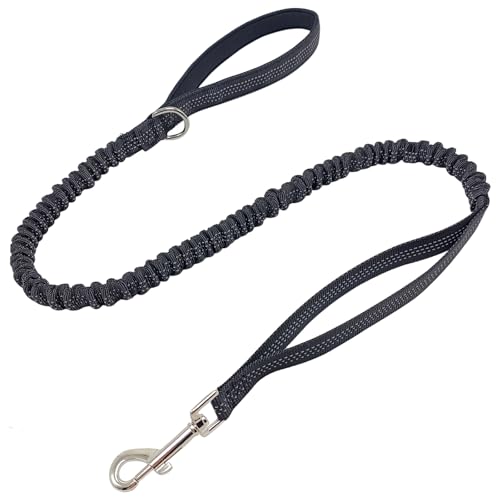 WYuZe 4FT Bungee Dog Leash Shock Absorbing Handle for Small Medium Dogs | Reflective Elastic Nylon Leash Soft Padded Handle, Stretch to 5.5ft, No Tangle for Anti-pull Walking Training, Black - color: Black