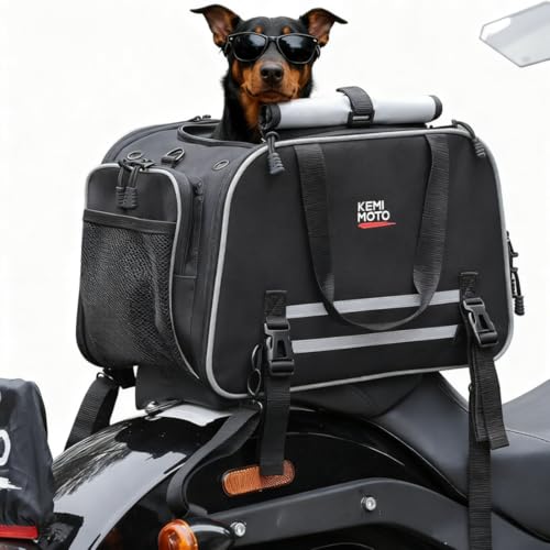 KEMIMOTO Motorcycle Dog Carrier Expandable for Small Dog & Cats Under 17lbs, Fit for Motorcycle Luggage Rack or Passenger Seat, Airline Approved Pet Carrier with Shoulder Strap, Folding & Portable