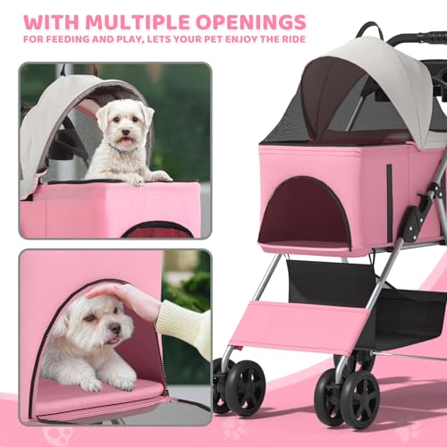 Magshion Foldable Pet Stroller, 3-in-1 Dog Travel Jogger with Detachable Carrier, Cup Holder, Storage Basket, Folding Carrier for Small/Medium Dogs & Cats Up to 33 lbs, Pink - color: Pink, style: Up to 33 lbs