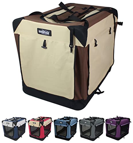EliteField 4-Door Folding Soft Dog Crate with Curtains, Carrying Bag and Fleece Bed (2 Year Warranty), Indoor & Outdoor Pet Home (20" L x 14" W x 14" H, Brown+Beige) - color: Brown+Beige, size: 20.0"L x 14.0"W x 14.0"H