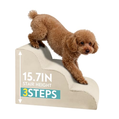Dog Stairs for Small Dogs, Pet Stairs Steps Ramp for Puppy, Older Cat, Stairs with Whole High Density Foam, Corduroy Fabric, Non-Slip Bottom Dog Steps for Bed and Couch (Beige, 3-Step (H: 15.7IN)) - color: Beige, size: 3-Step (H: 15.7IN)