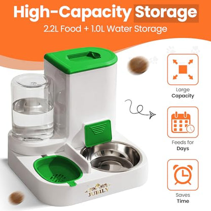 Automatic Cat Feeder & Water Dispenser – Gravity Cat Feeding Station with Stainless Steel Bowl, 2.2L Food & 1L Water Capacity, Automatic Pet Feeder for Cats & Small Dogs (Green) - color: Green