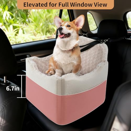 Dog Car Seat for Small Medium Dogs - 6.7inch Elevated Dog Booster Car Seats with Deluxe Rose Plush, Washable Safety Pet Carseat Travel Bed with 2 Safety Belts and Storage Pockets(Beige) - color: Beige