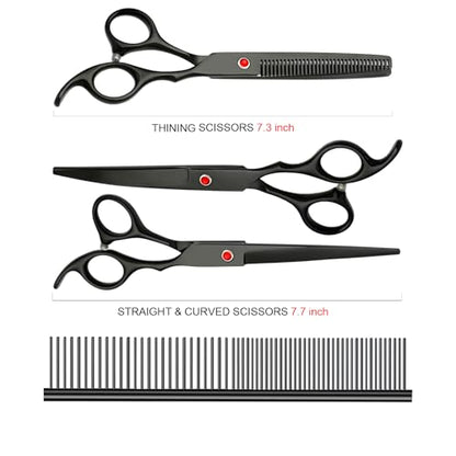 Dog Grooming Scissors Kit, Premium Stainless Steel Dog Shears with Curved Shears, Sharp Durable for Dogs Cats+Black 4 Piece - color: Black 4 Piece