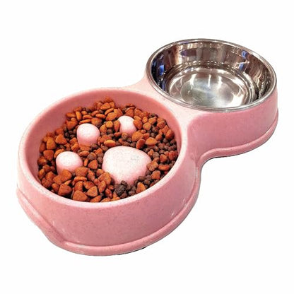 Slow Feeder Dog cat Double Bowl Stainless Steel and Anti-Choking Pink - color: pink