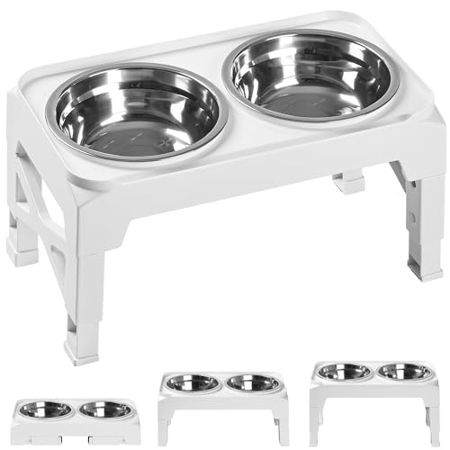 Hubulk Elevated Dog Bowls with 2 Stainless Steel Dog Food & Water Raised Bowls with No Spill Edge Non-Slip Stand Adjusts to 3 Heights(2.75", 6.0", 7.5") for Small Medium Dogs and Pet - color: White, size: S (6" for Small Dogs)