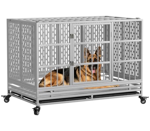 Snuowu 48 Inch Heavy Duty Dog Crate with Wheels, Folding Metal Big Dog Cage for Large and Medium Dogs, Extra Large XL XXL Indestructible Dog Crate with Removable Tray. - size: 48-Inch Silver （Fold）