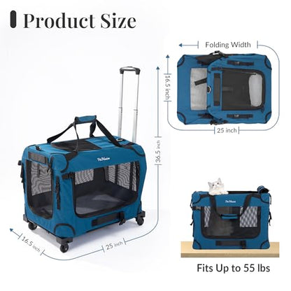 Extra Large Rolling Cat Carrier with Wheels, Soft Sided Pet Dog Carrier on Wheels for Big Cat 20lbs+ 2 Cats, Car Travel Portable XL Wheeled Bag 25"x16.5"x20.5"