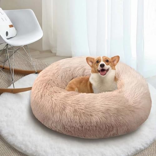 Deluxe Calming Dog Bed for Small Medium Dogs & Cats - Anti-Anxiety Donut Cuddler Cozy Warm Soft Fluffy Faux Fur Round Beds Sizes 20" Puppy Bed (Khaki, X-Small)