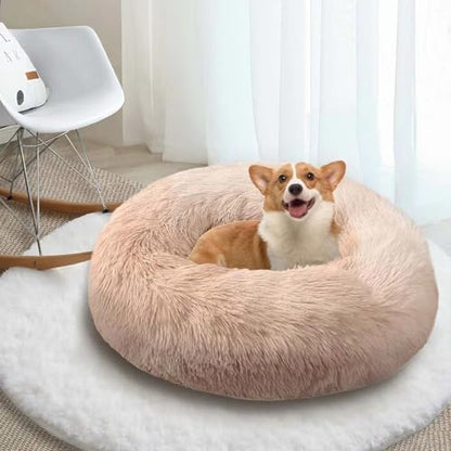 Deluxe Calming Dog Bed for Small Medium Dogs & Cats - Anti-Anxiety Donut Cuddler Cozy Warm Soft Fluffy Faux Fur Round Beds Sizes 20" Puppy Bed (Khaki, X-Small)
