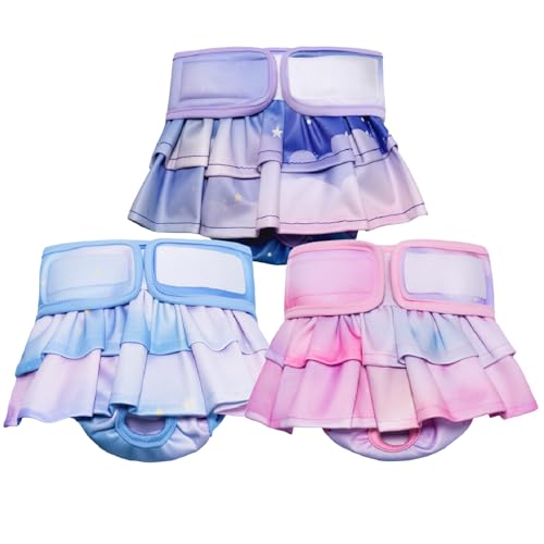 Reusable Dog Diapers Female, 3 Pack Washable Doggie Diaper with Skirt Pastel Starry Design, Highly Absorbent Leak-Proof Puppy Diapers for Heat Incontinence & Training - size: Medium