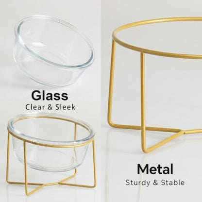 Large Glass Tilted Elevated Cat Dog Bowl Raised Cat Food Water Bowl Dish Pet Comfort Feeding Bowls with Gold Iron Stand - color: Glass, size: Large