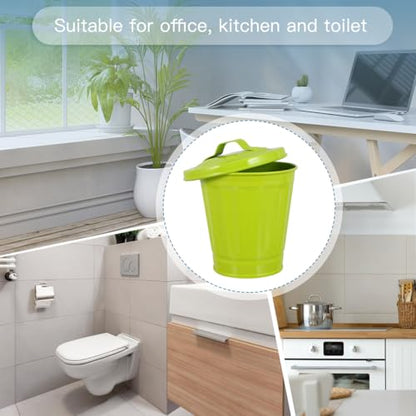 VOSAREA Desk Trash Can with Lid, Iron Metal Wastebasket Small Garbage Bin and Retro Flower Pot for Bathroom Bedroom (4.32 Inch Green) - color: Green