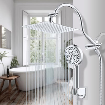 Hibbent All Metal CUPC Certified Shower Head, 8'' High Pressure Rainfall Shower Head, Handheld Showerhead Combo, 12'' Adjustable Extension Arm, 10 Sprays, 71'' Shower Hose, Showerhead Holder, Chrome - color: Chrome, style: Square 8''