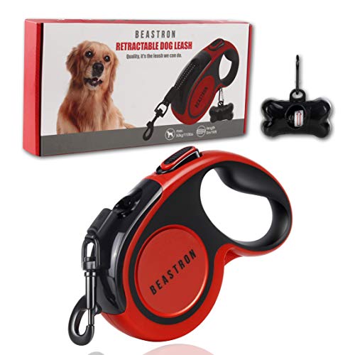 Upgraded Retractable Dog Leash, 16" Extra Long Tangle-Free Reflective Nylon, Small to Medium Dogs up to 110lbs, Waste Bags and Dispenser Included (Red) - style: (Upgraded) Red
