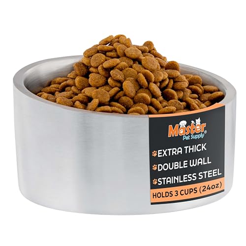 Master Pet Supply Stainless Steel Slanted Dog Cat Food Bowl - 24 oz Heavy Duty - Stainless Steel, Double Wall Insulated, Non-Slip Elevated Bowl for French Bulldogs Pugs Cats, Anti Rust Dishwasher Safe - color: Stainless Steel, size: 3 Cups (24 oz)