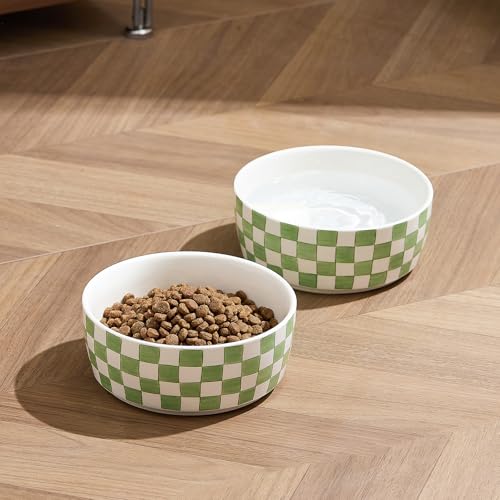 6.4 inch Ceramic Hand Painted Basic Dog Bowl Set of 2 with Anti-Skid Rubber Base, Food and Water Bowls for Small Pets Green - color: Green