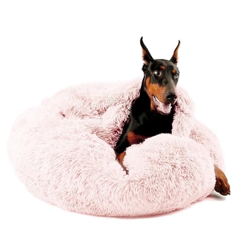 Himax Dog Beds for Large Dogs, Comfort Dogs Bed with Blanket Attached, Calming Anti-Anxiety Fluffy Dog Bed Washable (20"/26"/35") Pink - color: Pink, size: 35.0"L x 35.0"W x 10.0"Th