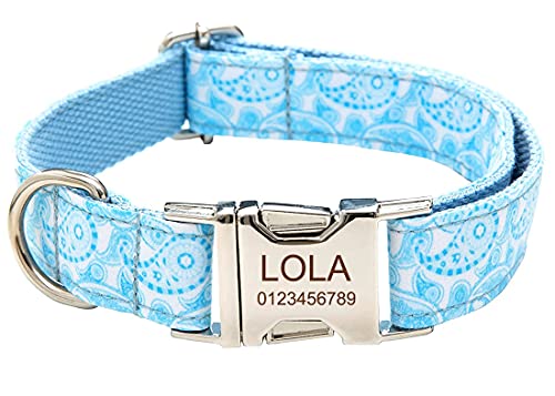 Personalized Dog Collar, Custom Engraving with Pet Name Phone Number ID Tag for Small Medium Large Breeds - color: White Blue, size: XS(length 9"-12")
