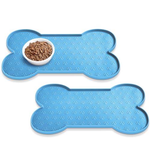 PWTAA Dog Food Mat Anti-Slip Silicone Dog Bowl Mat Thicker Pet Placemat Waterproof Cat Feeder Pad with Raised Edge Puppy Kitten Feeding Mats Suitable Small Medium-Sized Dogs Cats Eating Tray - 2PCS - color: Blue, size: 19.4" x 9.8"-2PCS