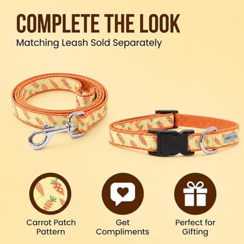 THE WORTHY DOG Spring Holiday Crazy Carrots Dog Collar – Durable Nylon, Woven Ribbon, Quick-Release Buckle, Nickel D-Ring – Green, Small - color: Crazy Carrots - Green, size: Small