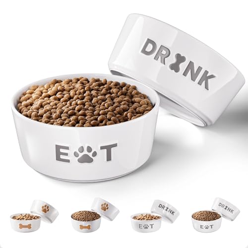 Ceramic Dog Bowl Set of 2 w/ Anti-Skid Base 6.5"W x 2.5"H, 3.8 Cup Capacity | Thick Ceramic, Dishwasher Safe, Anti-Skid Rubber Base, 3.8 Cups per Bowl, Ceramic Food & Water Bowls Set of 2 for Medium Dogs - color: Gray, size: Medium 6.5"