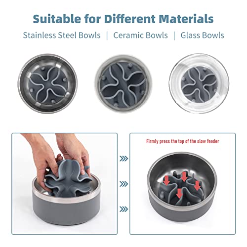 Jaoul Slow Feeder Dog Bowls Insert, Puzzle Slow Feeder Insert with 51 Octopus Suction Cups for Medium Large Size Dog Food Bowl Over 6.5" Wide (Grey) - color: Grey, size: Large(5.5 inch)