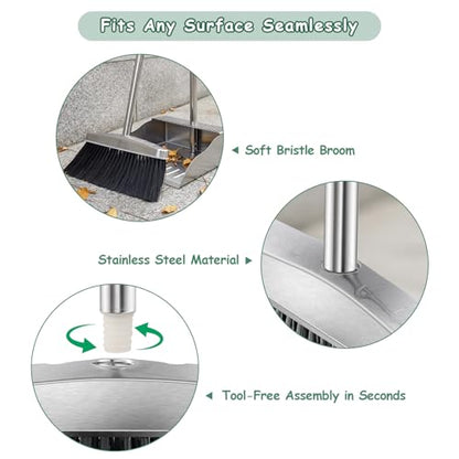 Metal Broom with Dustpan Combo Set-Long Handle Broom with Dustpan,Heavy Duty Standing Dust Pan & Soft Bristles Brooms,Indoor Outdoor Dust Pan Brooms for Home Office Lobby Floor - size: Dustpan and broom 36*35 in