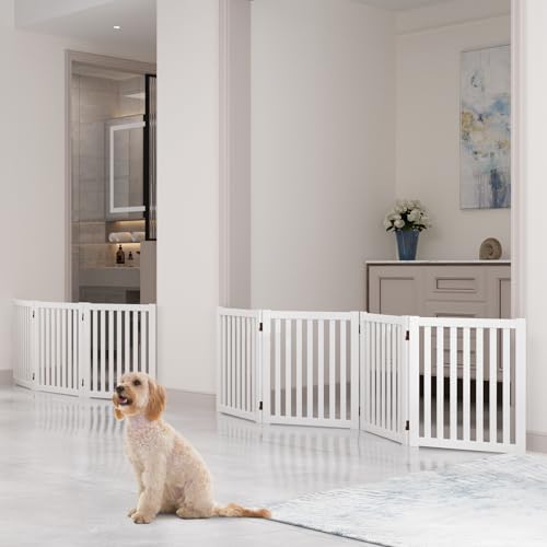 WELLAND Wooden Freestanding Pet Gate, 4 Panel 24 Inch Step Over Fence, Expands Up to 80" Wide, Foldable Indoor Dog Gate Puppy Safety Fence, White - color: White, size: 4 Panel 80" Wide