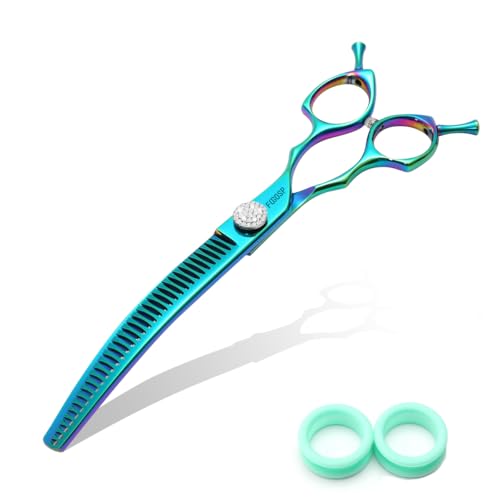 Professional Curved Thinning Shears Dog Grooming Scissors 7.5'' Blue Green Curved Chunkers Shears for Grooming Large Dogs Pet 35 Teeth Japan 440C(Curved Chunkers,Turquoise) - color: Turquoise, size: 7.5 in Curved Chunkers
