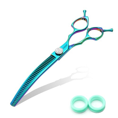 전문가용 곡선형 얇은 가위 강아지 그루밍 가위 19.5cm(7.5인치) 블루 그린 곡선형 청커 가위 그루밍용 대형견 반려동물 35개 치아 일본 440C(곡선형 청커, 터키석) - color: 터키석., size: 7.5 in Curved Chunkers
