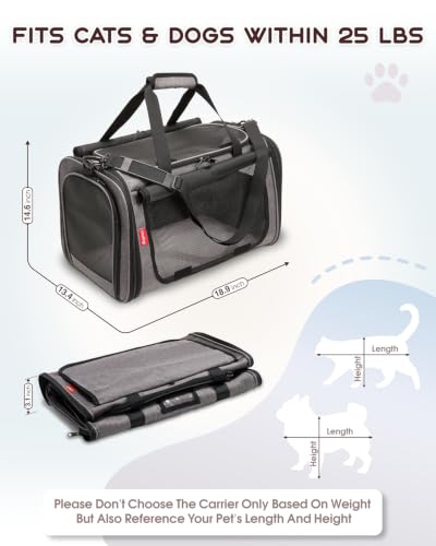 BurgeonNest Soft Cat Carrier Large, Pet Carrier Dog Carrier for Big Cats and Small Dogs up to 25 lbs Collapsible Top Loading with Dual-Exit Tunnel, Privacy Protection, Mesh Ventilation, Travel, Gray - color: Grey, size: 18.9"L x 13.4"W x 14.6"H