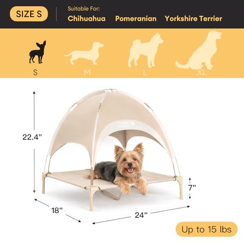 FUNNY FUZZY Elevated Dog Bed with Canopy, Small (24"x18"x7") – Outdoor Raised Dog Cot with Shade, Cooling Breathable Mesh Pet Bed, Portable Waterproof Dog Camping Bed for Large Medium Small Dogs,Khaki