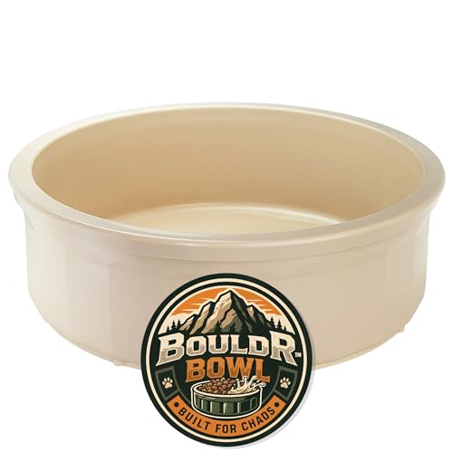 Pet Crock Bowl – Thick Durable Plastic Non-Tip Food & Water Dish for Dogs, Cats & Small Animals – Indoor/Outdoor – Chew Resistant, Easy Clean (Beige, Jumbo 96oz) - color: Beige, size: Jumbo 96oz