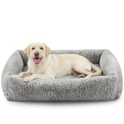 JOEJOY XL Dog Beds Large Sized Dog, Removable Washable Cover Orthopedic Soft Faux Rabbit Fur Pet Bed, Anti-Slip Fluffy Plush Faux Rabbit Fur Puppy Bed, 42"x36"x9", Leopard Print, Grey - color: Grey, size: XL (42"x36"x9")