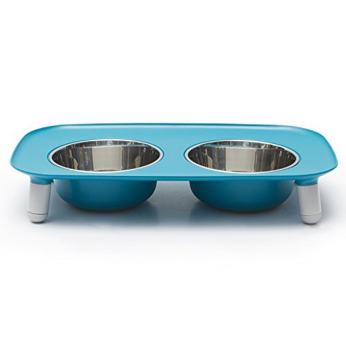 Messy Mutts Elevated Double Feeder with Stainless Bowls | Adjustable Height 3”, 5”, or 10” | Adjustable Standing Feeder for Dogs | 5 Cups per Bowl | Blue - color: Blue
