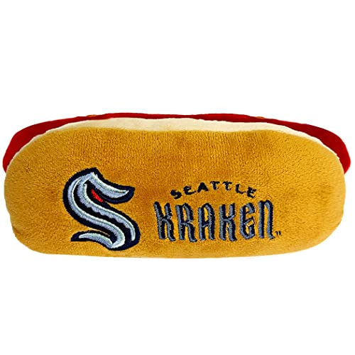 Pets First NHL Seattle KRAKENS HOT Dog Plush Dog & CAT Squeak Toy - Cutest HOT-Dog Snack Plush Toy for Dogs & Cats with Inner Squeaker & Beautiful Hockey Team Name/Logo - color: Seattle Kraken, style: NHL Hot Dog Toy