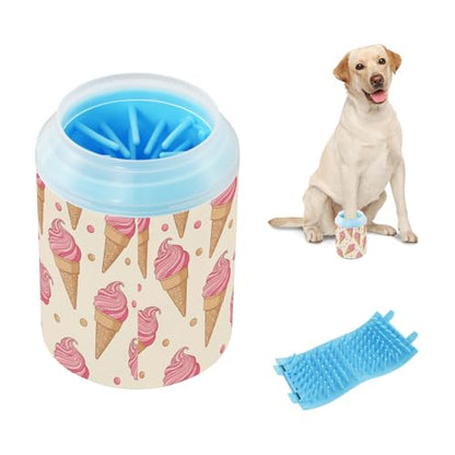 Ice Cream Beige Pattern Dog Paw Cleaner Cup with Soft Silicone Brush, Lightweight Portable Small Muddy Paw Washer for Dogs, Easy to Use Pet Foot Cleaner