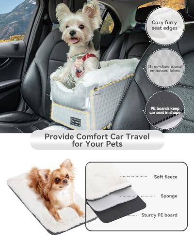 PETSFIT Dog Car Seats for Small Dogs with Safe Protection Hooks, Small Dog Car Seat with Upgraded Safety Tethers, Washable Cushion, Center Console Dog Car Seat for Pets Under 8 Lbs (Light Grey) - color: Light Grey