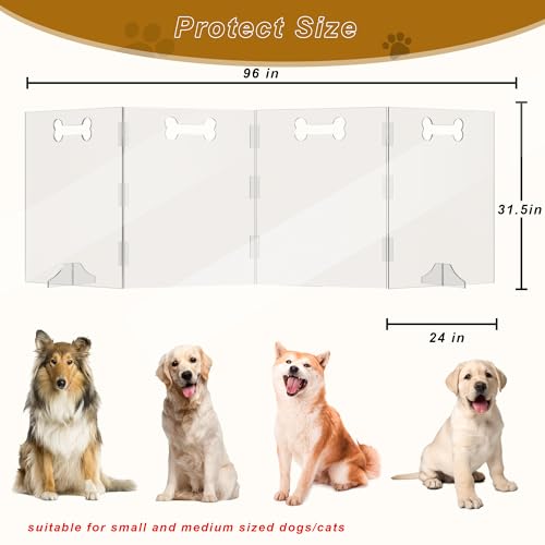 Clear Acrylic Dog Gate, 4 Panel 96" W x 31.5" H, Transparent Freestanding Pet Playpen Indoor, Foldable Pet Fence Barrier for Doorway with Handle/Support Feet - size: 4 Panel 96" W x 31.5" H