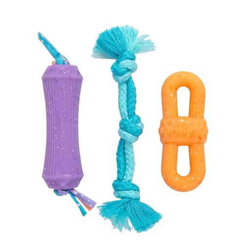 Flex-Force Chew Dog Toys, Multiple Textures & Scents for Sensory Play, Moderate Chewers, Teething Puppies and Small Breeds up to 25 lbs, 3-Pack, 7.7" - color: Chew