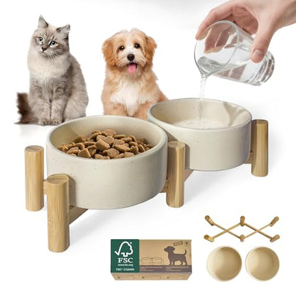 Elevated Dog Bowl & Cat Dish 27oz – Raised Ceramic Pet Food and Water Bowls with Bamboo Stand, Feeding Station for Small & Medium Pets, Prevents Neck Strain – Durable, Premium Quality by Homish