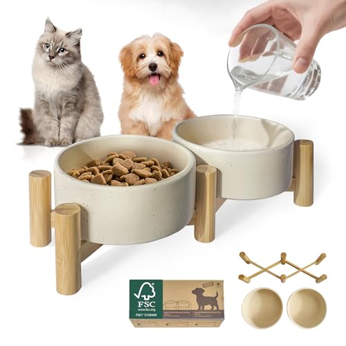 Elevated Dog Bowl & Cat Dish 27oz – Raised Ceramic Pet Food and Water Bowls with Bamboo Stand, Feeding Station for Small & Medium Pets, Prevents Neck Strain – Durable, Premium Quality by Homish